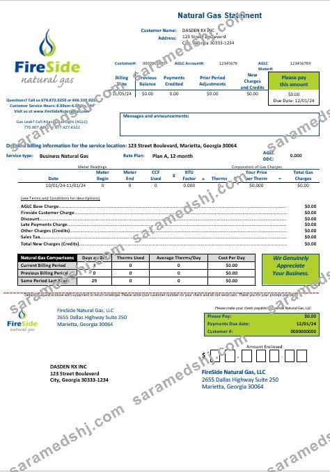 USA California FireSide natural gas busienss utility bill template in Word and PDF formats